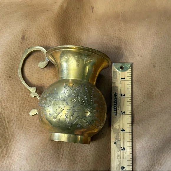 Vintage Etched Solid Brass Pitcher 5” Tall Floral Pattern - Picture 6 of 7